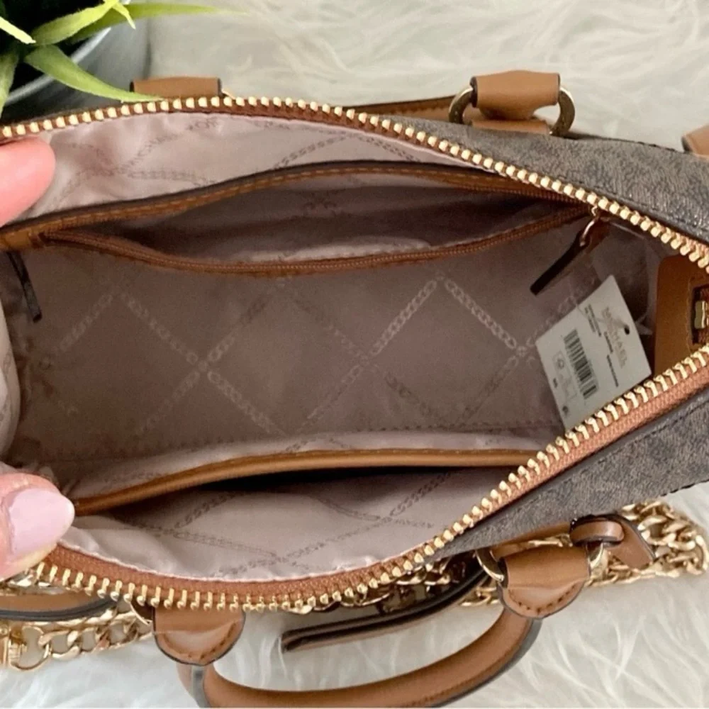 Michael Kors Carine Brown Monogram XS Satchel Crossbody Bag.